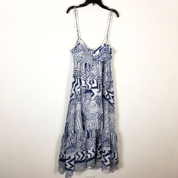 Aqua Women Printed Cutout Halter Midi Dress Blue White Spaghetti Straps L - Picture 2 of 4